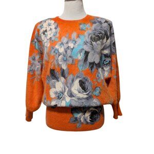Vintage Feather Phoenix Womens Size M? Orange Fuzzy Floral Shoulder Pads Sweater